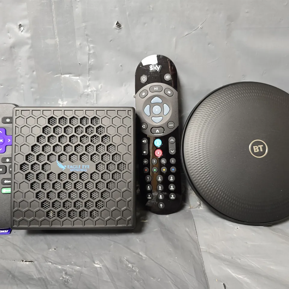 APPROXIMATELY 13 ASSORTED ITEMS TO INCLUDE - BT HUB , SKY REMOTE , ROKU REMOTE ETC