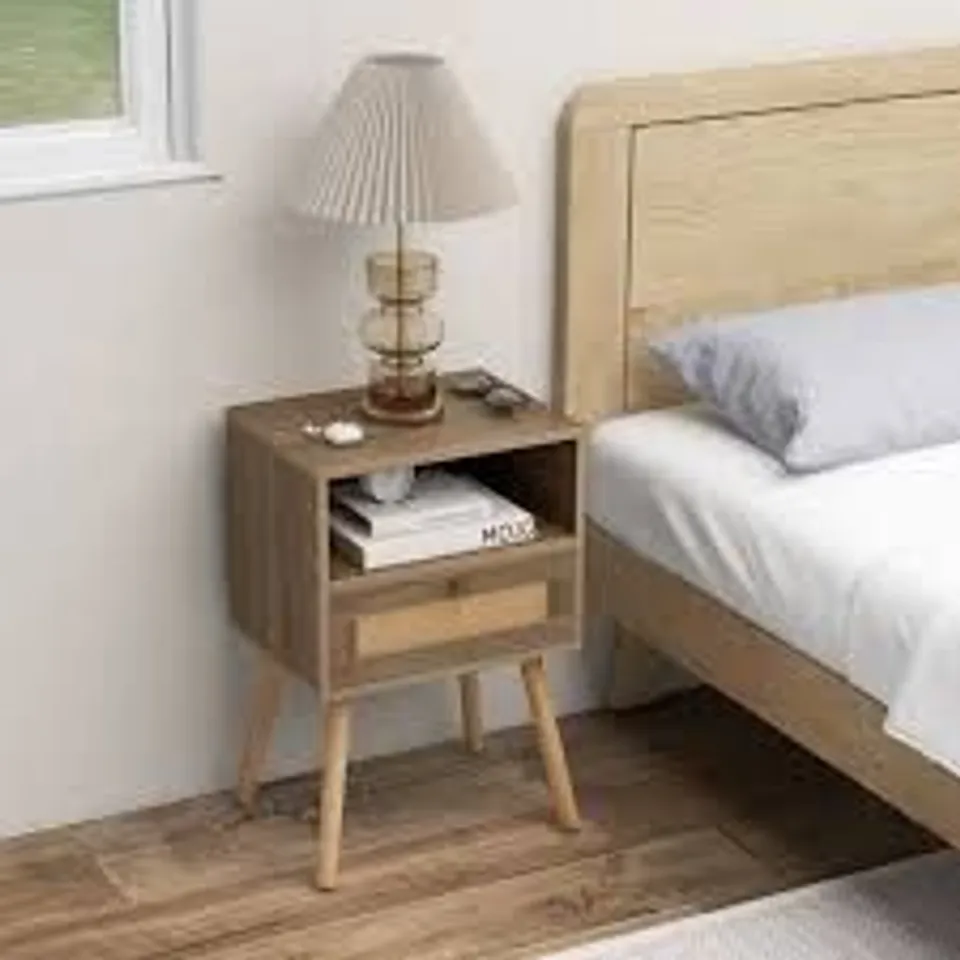 BOXED COSTWAY SINGLE DRAWER SINGLE SHELF NATURAL RATTAN BEDSIDE TABLE