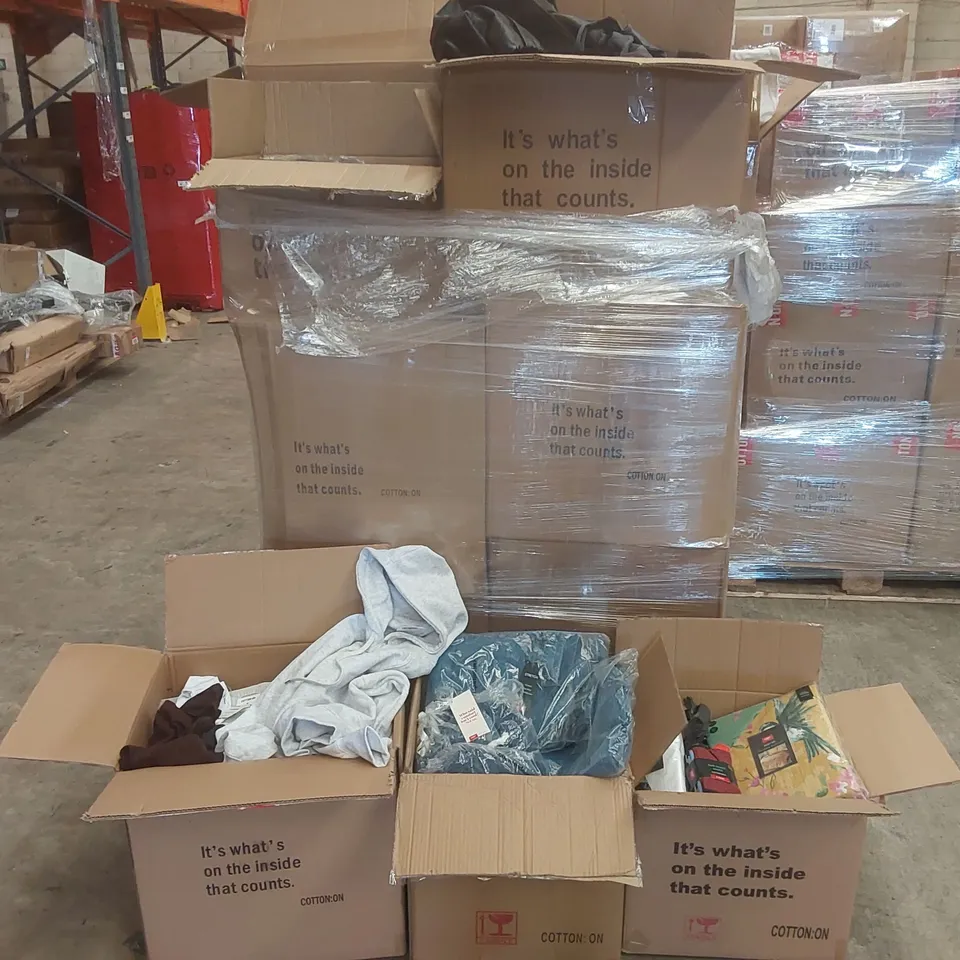 PALLET CONTAINING A VERY LARGE QUANTITY OF ASSORTED ITEMS INCLUDING: BEDDING, JUMPERS, JEANS, CARGO PANTS, LUNCH BOXES, BIKINIS, SHIRTS ECT