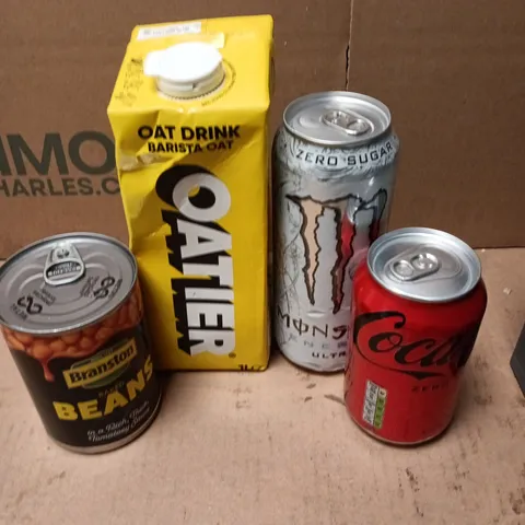 APPROXIMATELY 10 ASSORTED FOOD/DRINK PRODUCTS TO INCLUDE OAT DRINK, BAKED BEANS, MONSTER DRINK ETC 