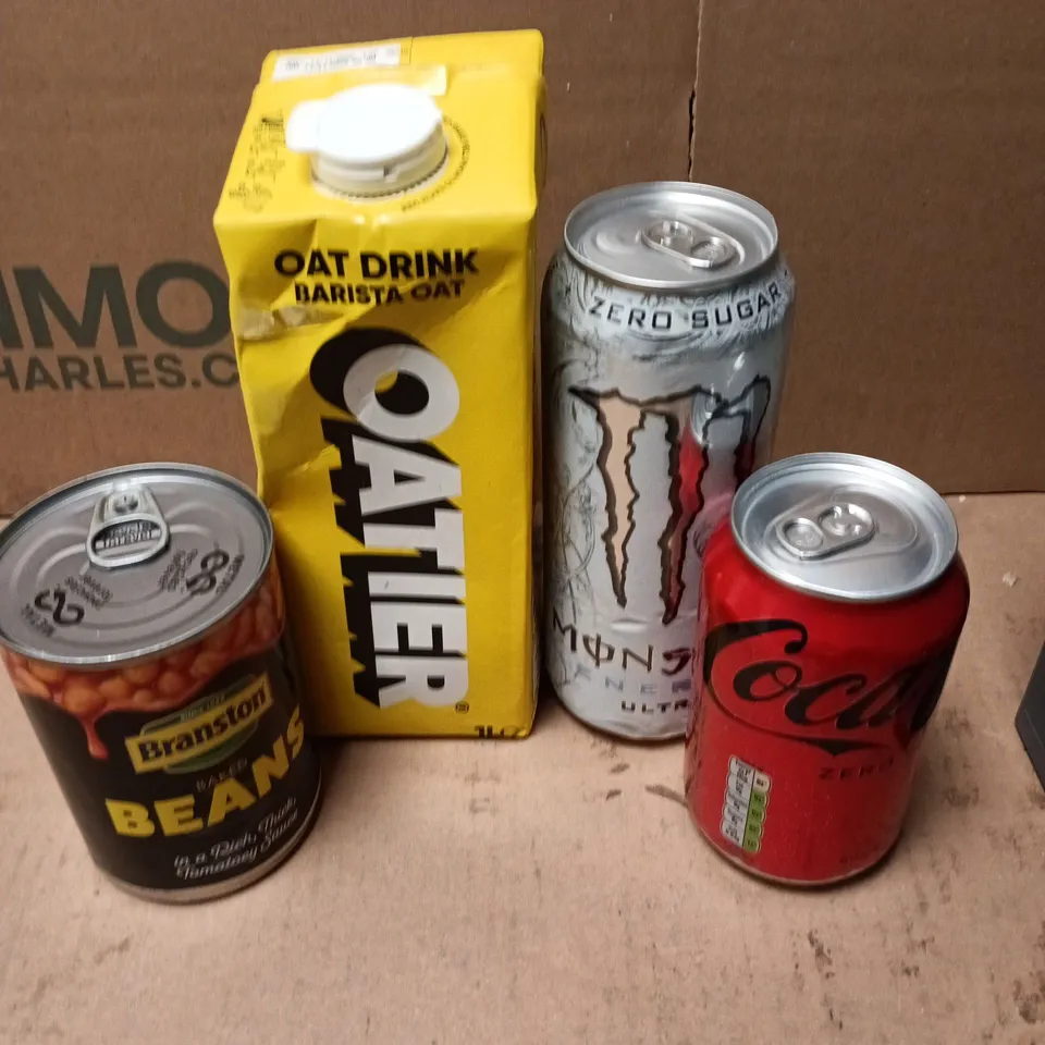 APPROXIMATELY 10 ASSORTED FOOD/DRINK PRODUCTS TO INCLUDE OAT DRINK, BAKED BEANS, MONSTER DRINK ETC