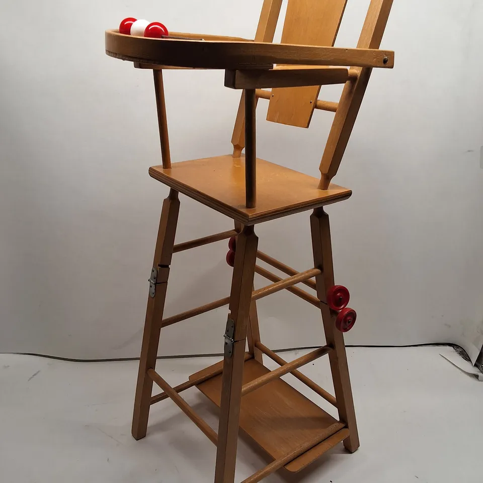 WOODEN BABY HIGH CHAIR WITH RED WHEELS