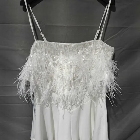 CLUB L WHITE EMBELLISHED TRAPPY PLAYSUIT WITH FEATHERS IN WHITE - UK 14