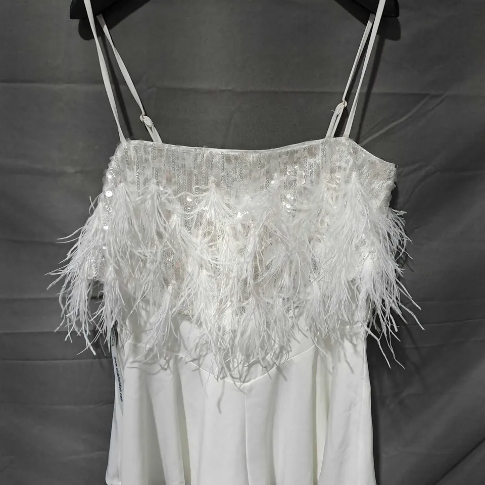 CLUB L WHITE EMBELLISHED TRAPPY PLAYSUIT WITH FEATHERS IN WHITE - UK 14