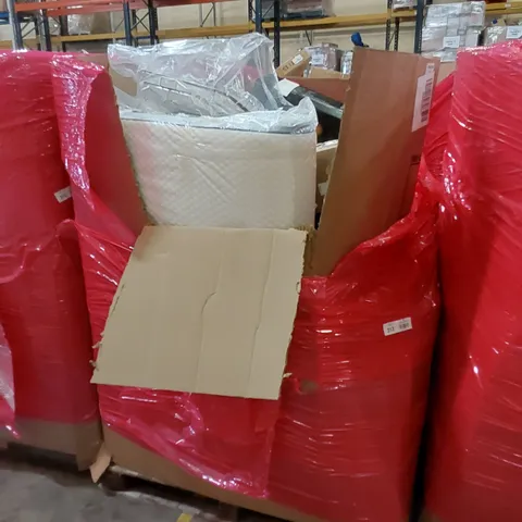 PALLET OF ASSORTED HOUSEHOLD ITEMS AND CONSUMER PRODUCTS. INCLUDES; MATTRESS, DANCE MAT, TOILET SEAT, BOXED FURNITURE ETC