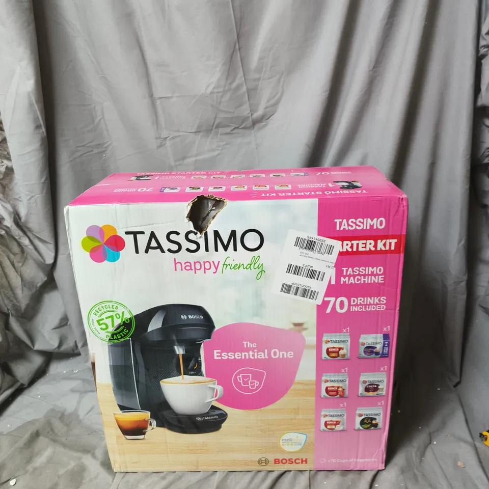 BOXED TASSIMO BY BOSCH HAPPY FRIENDLY POD COFFEE MACHINE WITH 70 DRINKS VALUE STARTER BUNDLE, TAS102EGBC - BLACK RRP £106