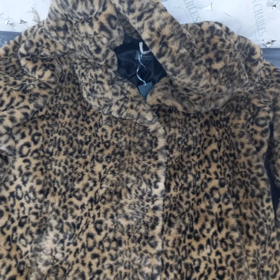 RUTH LANGSFORD FAUX FUR COAT IN ANIMAL PRINT SIZE 14