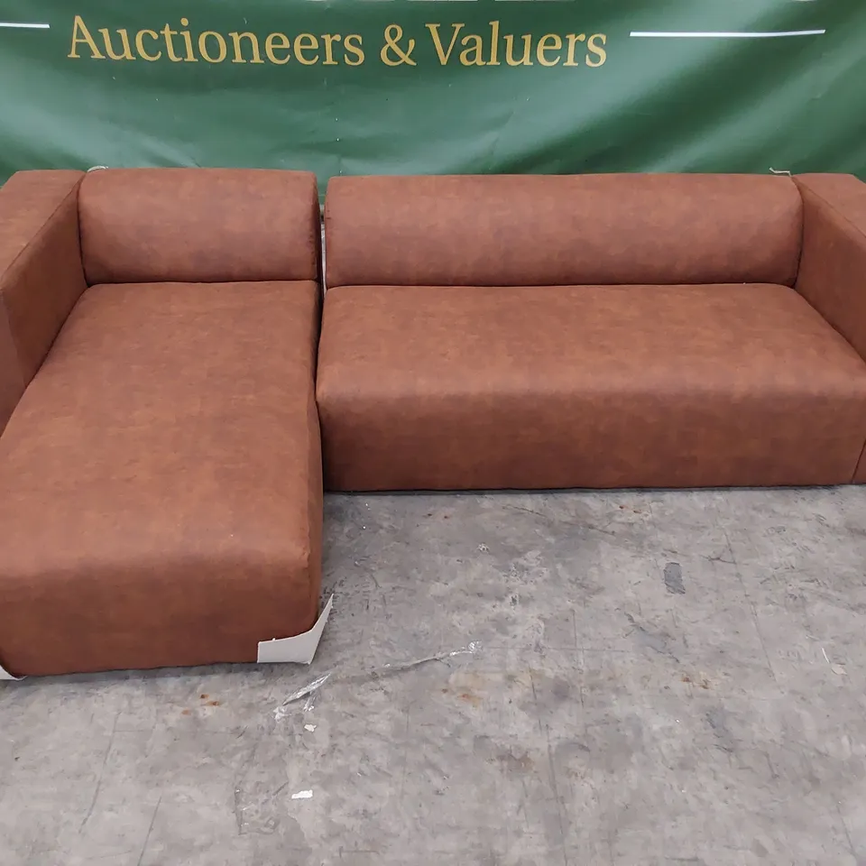 DESIGNER CHAISE SOFA TAN FAUX LEATHER