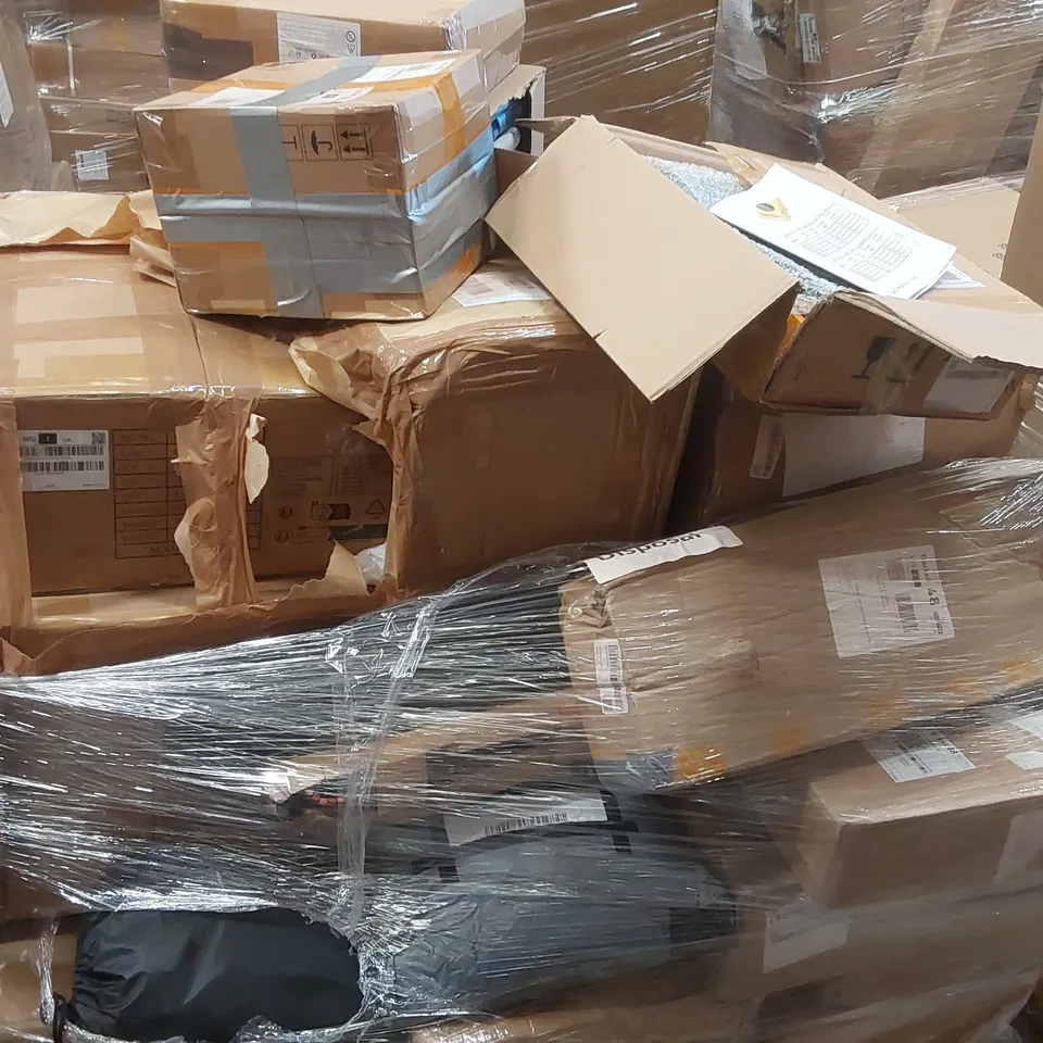 PALLET CONTAINING VARIOUS ASSORTED BOXED HOUSEHOLD ITEMS TO INCLUDE, GAS STOVE, VANITY MIRROR, LARGE FOOTSTOOL, TANK TRUCK AND LOTS MORE UNMARKED BOXED ITEMS 