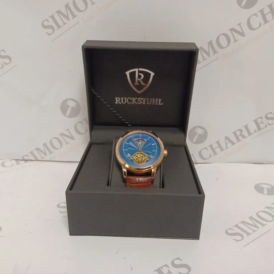 RUCKSTUHL AUTOMATIC DIAL R100 TOURBILLION MENS WATCH - ROSE GOLD STAINLESS STEEL ROSE GOLD CASE - LEATHER STRAP - 3ATM WATER RESISTANT - DISPLAY BOX