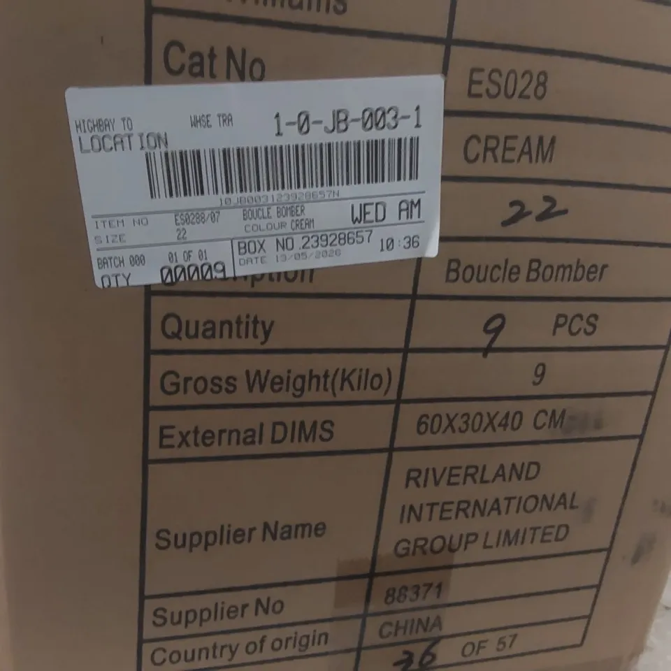 BOX CONTAINING APPROXIMATELY 9x BRAND NEW JD WILLIAMS CREAM BOUCLE BOMBERS - SIZE 22