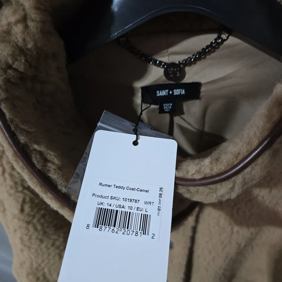 UK 14 SAINT + SOFIA RUMER TEDDY COAT – CAMEL