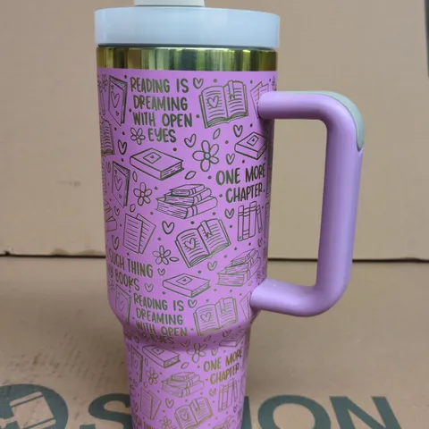 INSULATED TRAVEL MUG WITH LID – PURPLE BOOK-THEMED PRINT