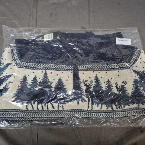 BAGGED THREADBARE MENS XMAS JUMPER 1/4 ZIP - NAVY, MEDIUM (UK M)