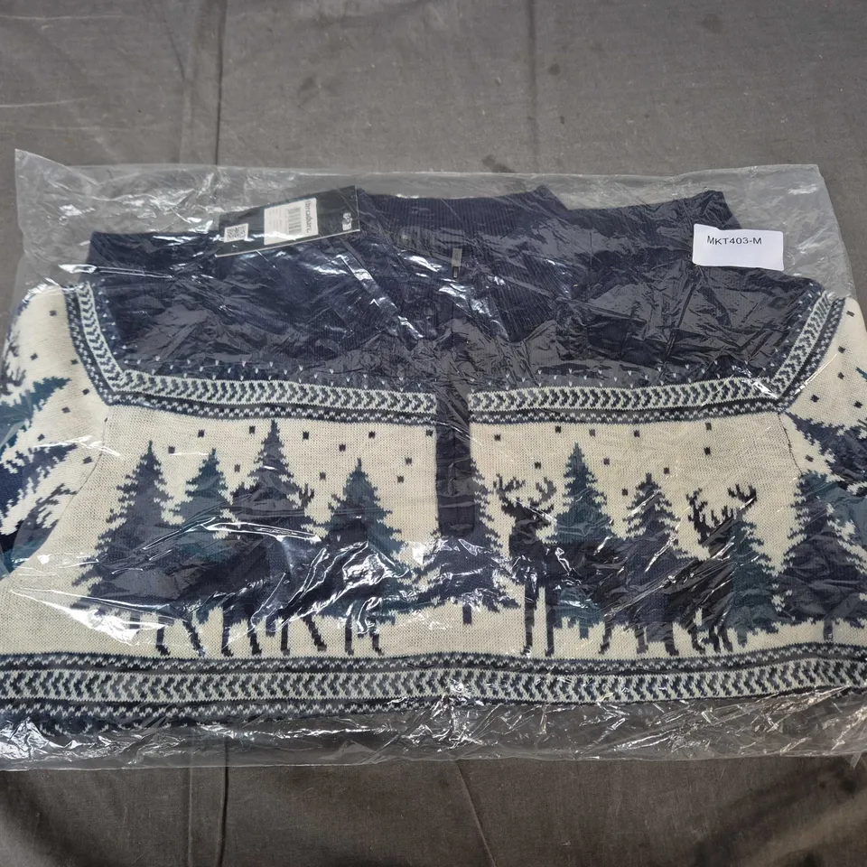 BAGGED THREADBARE MENS XMAS JUMPER 1/4 ZIP - NAVY, MEDIUM (UK M)