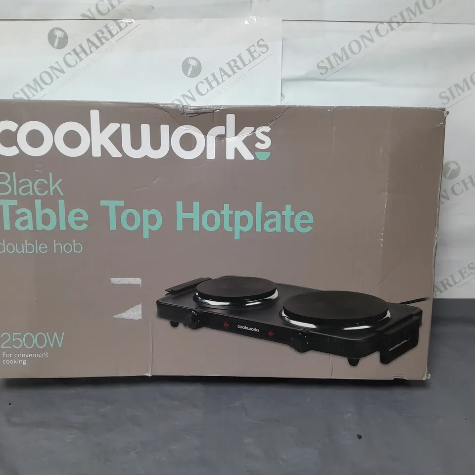 BOXED COOKWORKS BLACK TABLE TOP HOTPLATE DOUBLE HOB 2500 WATT