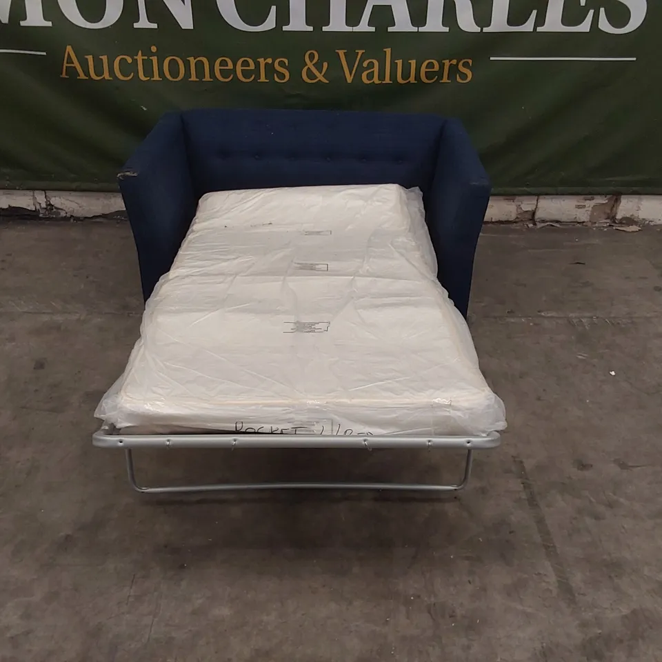 QUALITY DESIGNER 2 SEATER FABRIC UPHOLSTERED BLUE SOFA BED