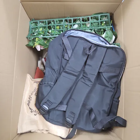 LARGE BOX OF APPROX 10 ASSORTED HOUSEHOLD ITEMS TO INCLUDE ARTIFICIAL FLOWERS, BACKPACK AND WOOL YARNS - COLLECTION ONLY 