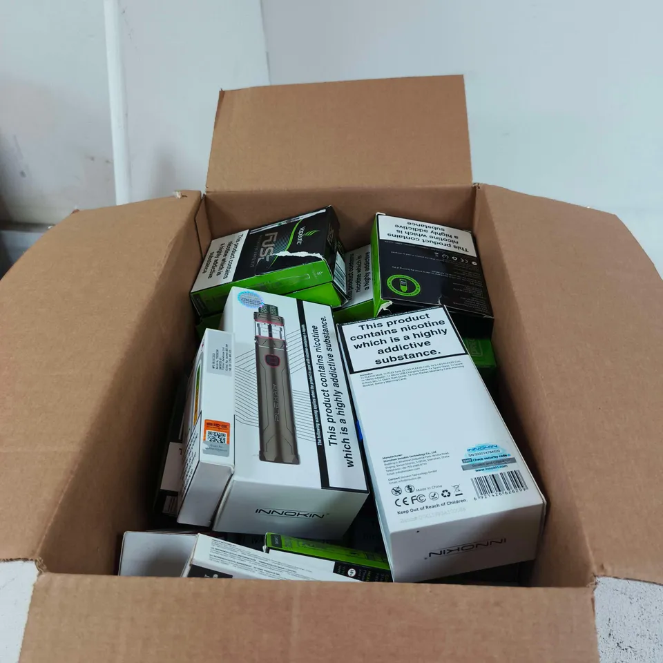 BOX OF APPROXIMATELY 25 ASSORTED E-CIGARETTES AND COMPONENTS TO INCLUDE VAPORESSO, VAPOURIZ, INNOKIN ETC