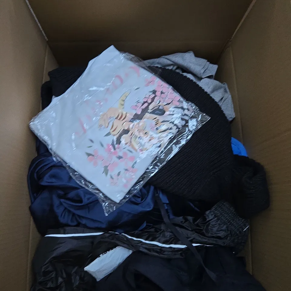 LARGE BOX OF ASSORTED CLOTHING ITEMS IN VARIOUS STYLES, SIZES AND COLOURS