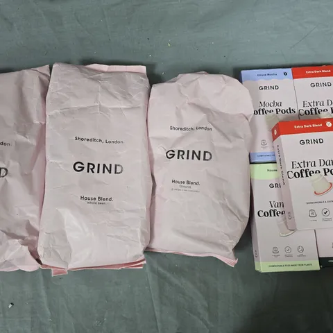 LOT OF 8 ASSORTED GRIND COFFEE ITEMS TO INCLUDE PODS, BEANS AND GROUND