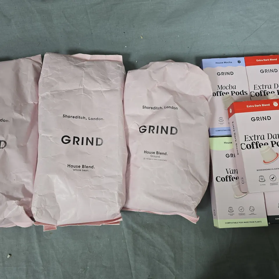 LOT OF 8 ASSORTED GRIND COFFEE ITEMS TO INCLUDE PODS, BEANS AND GROUND