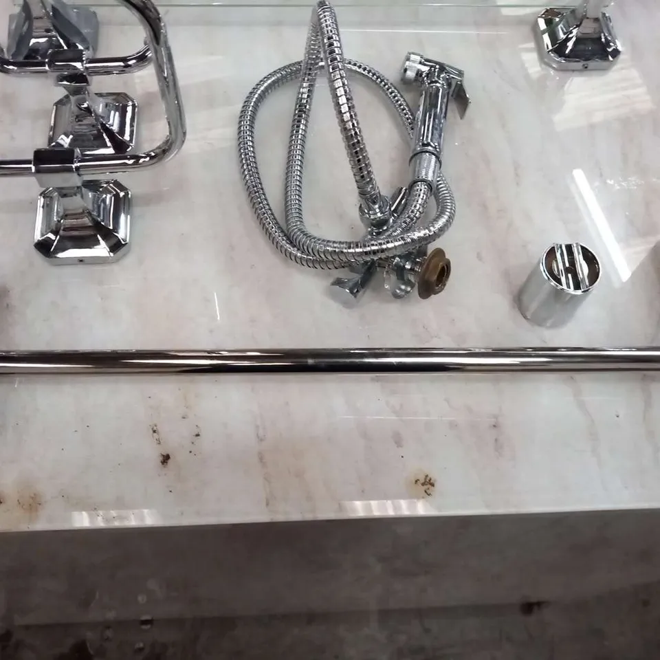 SHOWER SET CONSISTING OF; MIRA ESCAPE 9.8 SHOWER, SOAP HOLDER, TOWEL RAIL, COAT HOOK AND GLASS SHELF AND SHATAFF