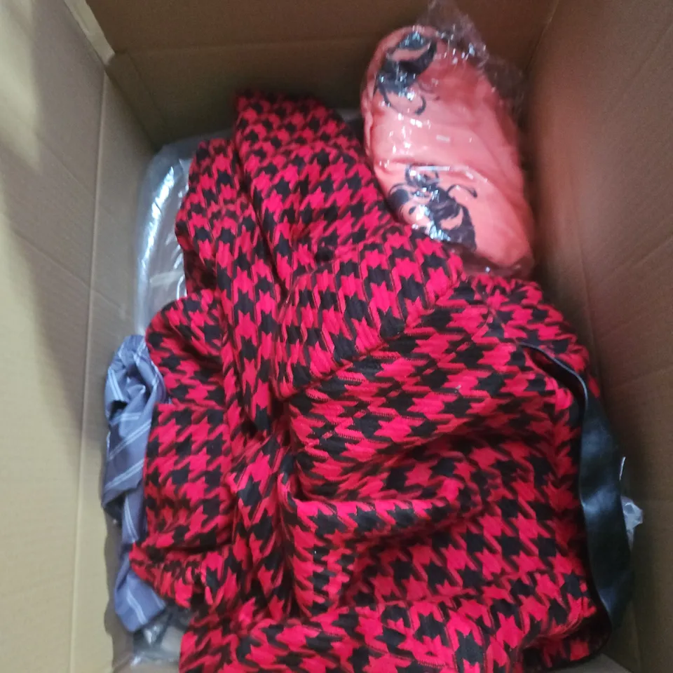 LARGE BOX OF APPROXIMATELY 25 ASSORTED CLOTHING ITEMS IN VARIOUS COLOURS, STYLES AND SIZES - COLLECTION ONLY