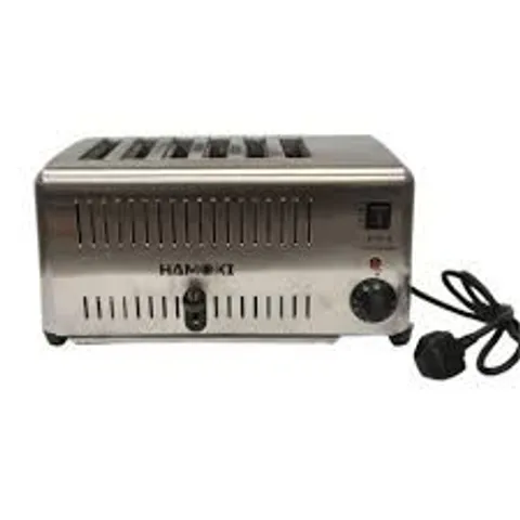 BOXED MODEL:ETS-6 PRODUCT CODE:601002 CAPACITY:6 TOASTS POWER:1.8 KW CONNECTION:13 AMP PLUG NET WEIGHT:6.5 KG GROSS WEIGHT:β PRODUCT SIZE:465(W) X 285(D) X 250(H) MM COMMERCIAL ELECTRIC 6 SLOT TOASTER