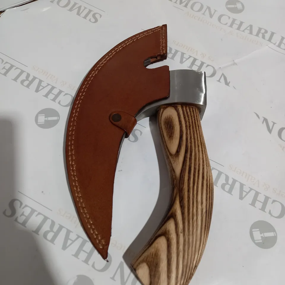PIZZA AXE KNIFE WITH WOODEN HANDLE AND LEATHER HOLSTER SHEATH