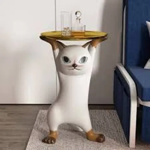 BOXED MODERN CAT SIDE TABLE FLOOR RESIN FIGURINE WITH GOLD TRAY TABLE END (1 BOX)