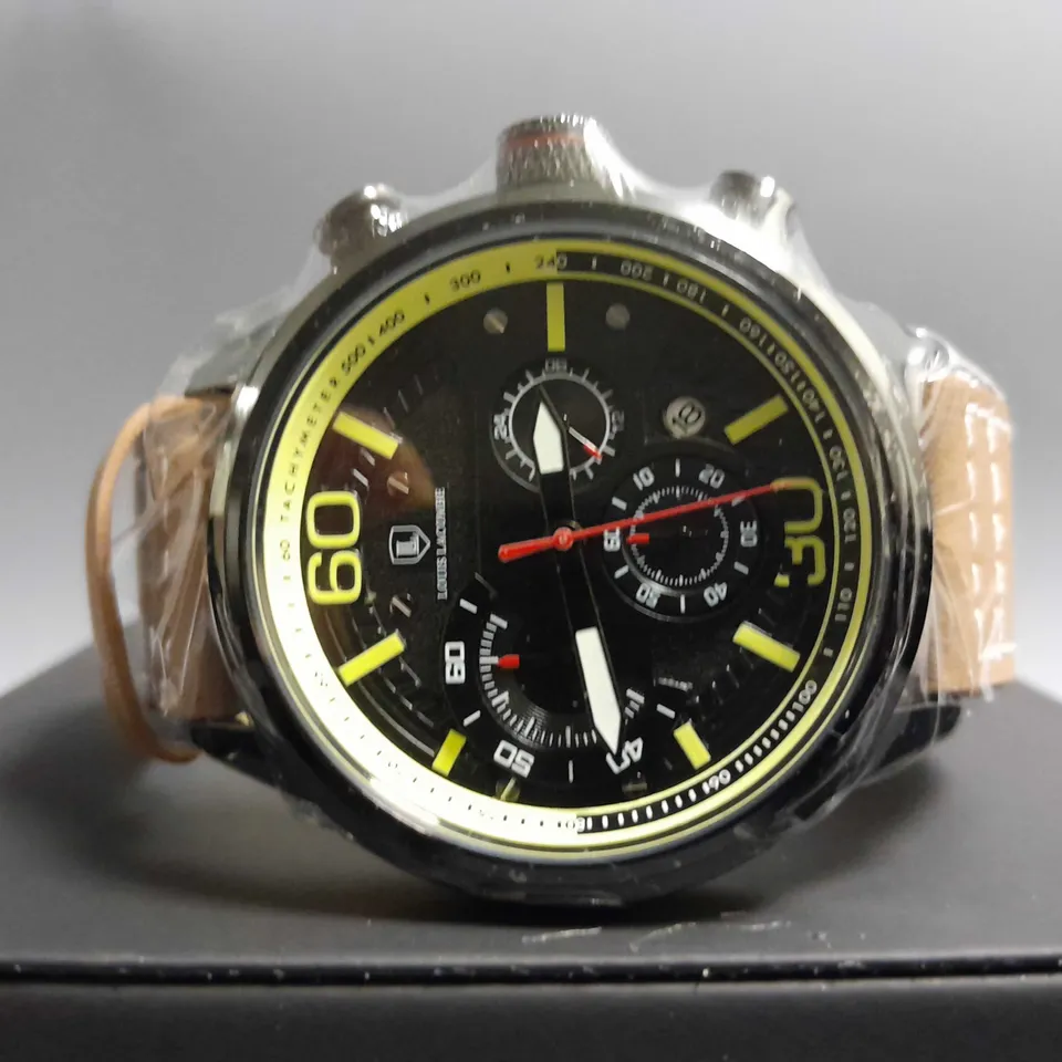 MENS LOUIS LACOMBE CHRONGRAPH WATCH – 3 SUB DIALS – BLACK CASE – LEATHER STRAP