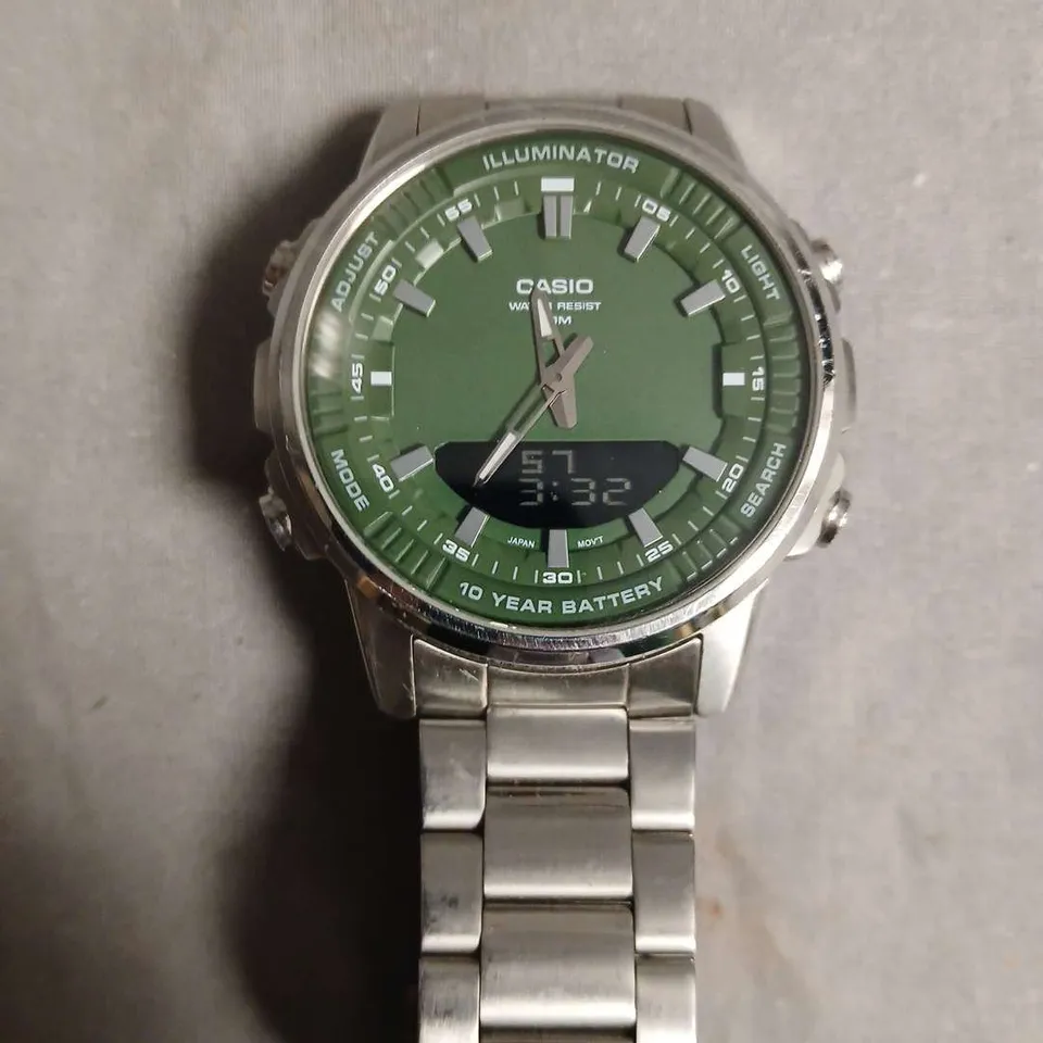 CASIO STAINLESS STEEL WRISTWATCH – GREEN DIAL, ANALOG-DIGITAL WITH ILLUMINATOR