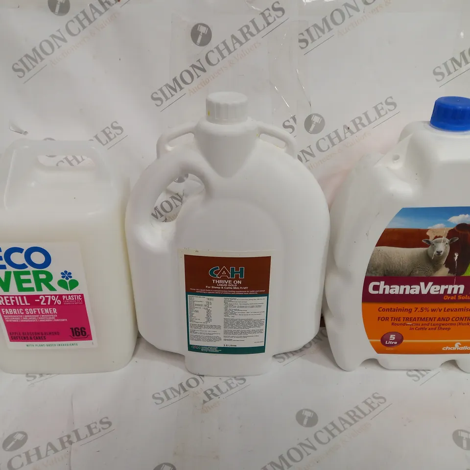 BOX OF APPROX 4 ASSORTED LIQUIDS TO INCLUDE - CAH THRIVE ON LIQUID GOLD - ECOVER FABRIC SOFTENER - CHANAVERM 7.5% ORAL SOLUTION