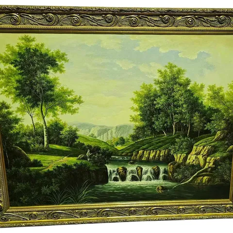 "FISHING NEAR THE FALLS" 19TH CENTURY OIL PAINTING