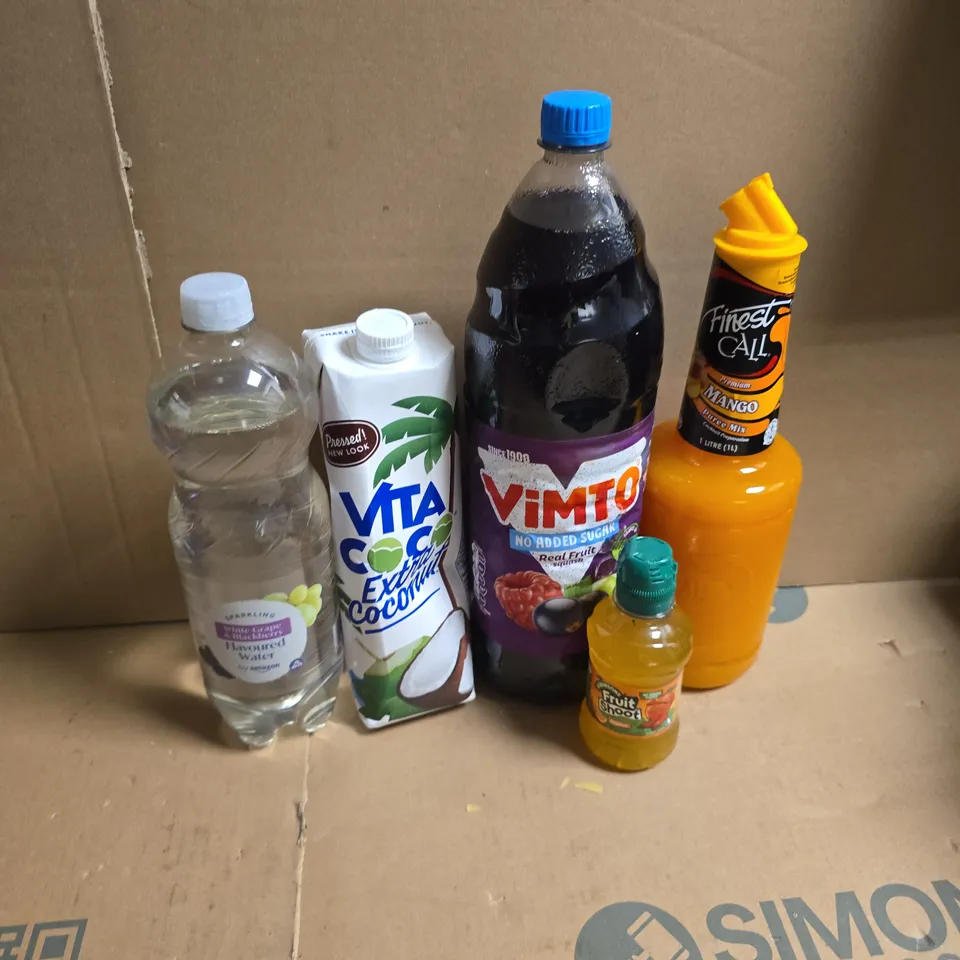 APPROXIMATELY 7 ASSORTED DRINKS TO INCLUDE VIMTO, FINEST CALL MANGO PUREE MIX, FLAVOURED WATER, ETC - COLLECTION ONLY