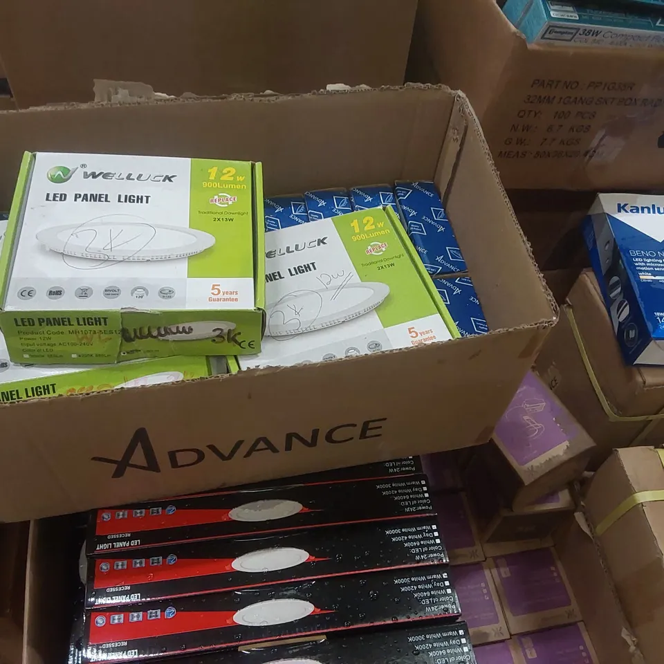 PALLET CONTAINING A VERY LARGE QUANTITY OF ASSORTED LIGHTING PRODUCTS TO INCLUDE: ADVANCE LED LIGHT PANELS, FIXED FIRE RATED DOWN LIGHTS, LED LIGHTING FIXTURES WITH MICROWAVE MOTION SENSORS ECT
