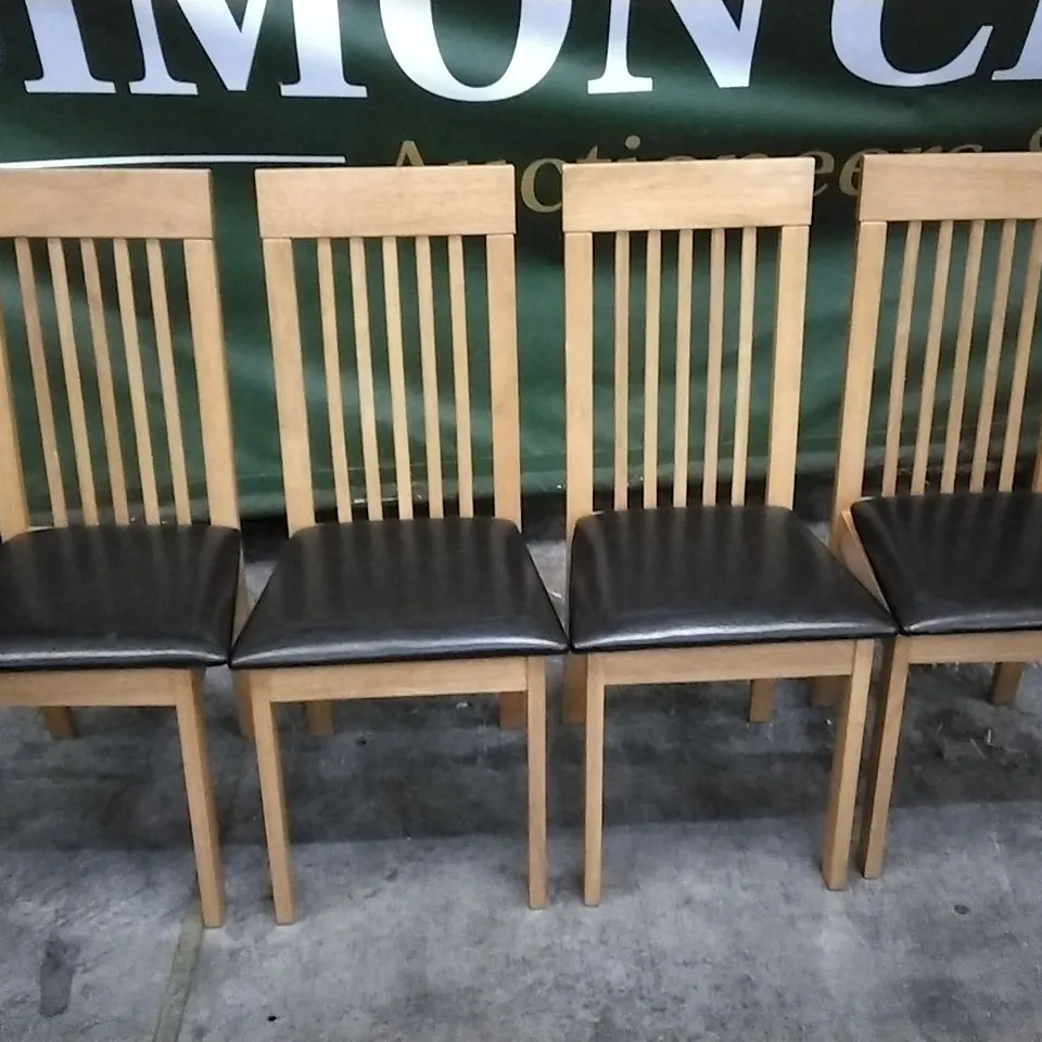 SET OF 4 WOODEN DINING CHAIRS WITH BLACK LEATHER SEAT