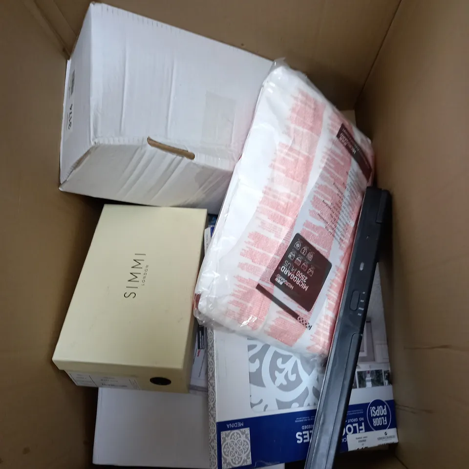 BOX OF APPROXIMATELY 10 ASSORTED ITEMS TO INCLUDE FLOOR TILES, MICROGUARD, SHOES ETC