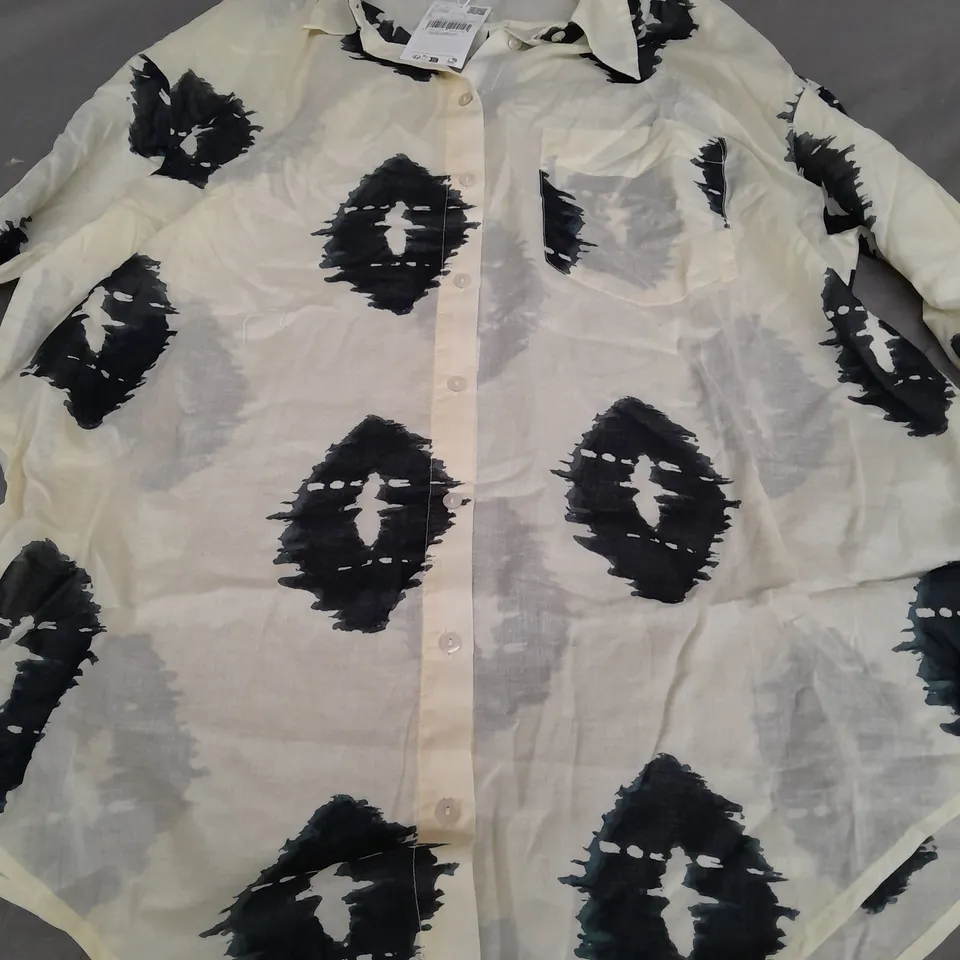 MANGO BUTTON UP LONG SLEEVE SHIRT OFF WHITE/BLACK - EU LARGE