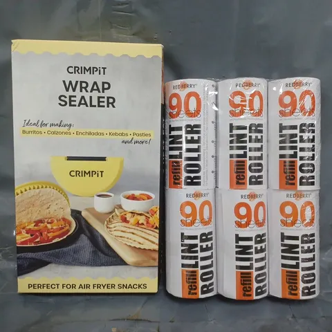 APPROXIMATELY 8 ASSORTED HOUSEHOLD ITEMS TO INCLUDE CRIMPIT WRAP SEALER, LINT ROLLER REFILLS, ETC