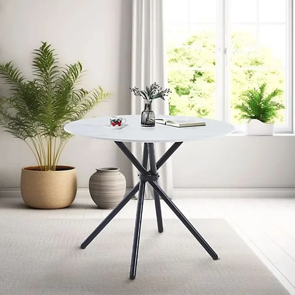 BOXED CULLOMPTON SMALL ROUND DINING TABLE - WHITE MARBLE EFFECT/BLACK LEGS (2 BOXES)