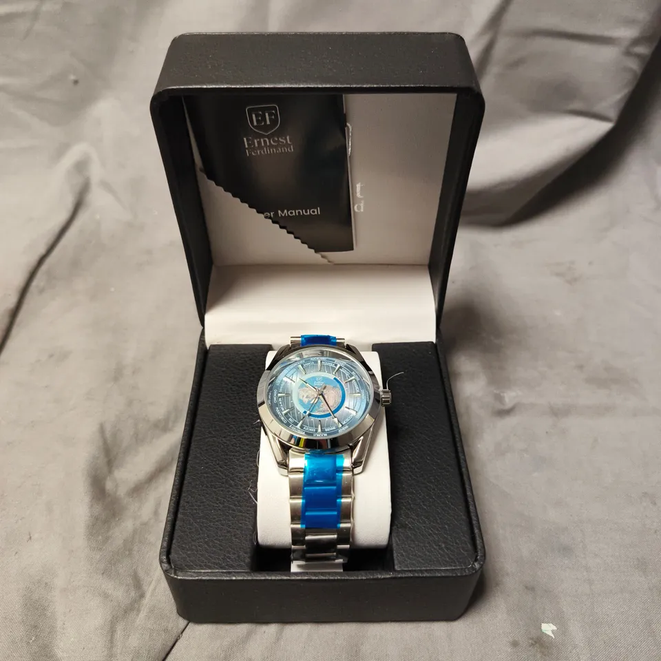 ERNEST FERDINAND WATCH – BLUE GLOBAL DIAL – STAINLESS STEEL STRAP – 3ATM WATER RESISTANT - GIFT BOX