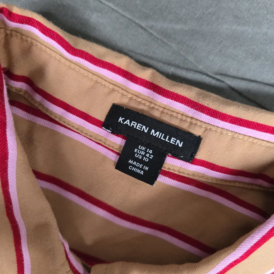 KAREN MILLEN STRIPE SHIRT - BEIGE WITH PINK/RED STRIPES - WOMEN'S UK 14