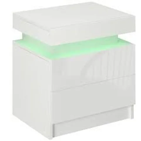 BOXED HOMCOM WHITE BEDSIDE TABLE WITH LED LIGHT, HIGH GLOSS FRONT NIGHTSTAND WITH 2 DRAWERS (1 BOX)