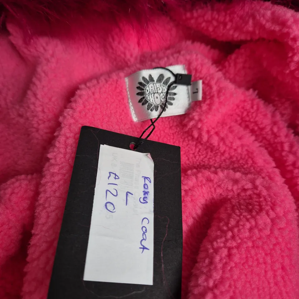DAISY SHOCK EMBELLISHED HOODED SEQUIN PINK FAUX-FUR COAT – SIZE L