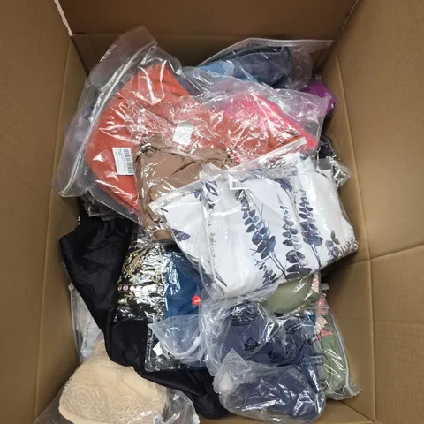 LARGE BOX OF APPROXIMATELY 20 ASSORTED CLOTHING ITEMS IN VARIOUS SIZES, STYLES AND COLOUR