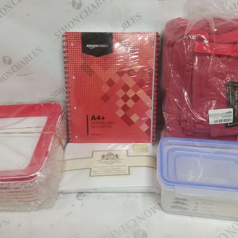 BOX OF APPROX 15 ASSORTED ITEMS TO INCLUDE - NOTEBOOK, PILLOW SHEETS, TUPPERWARE ETC 