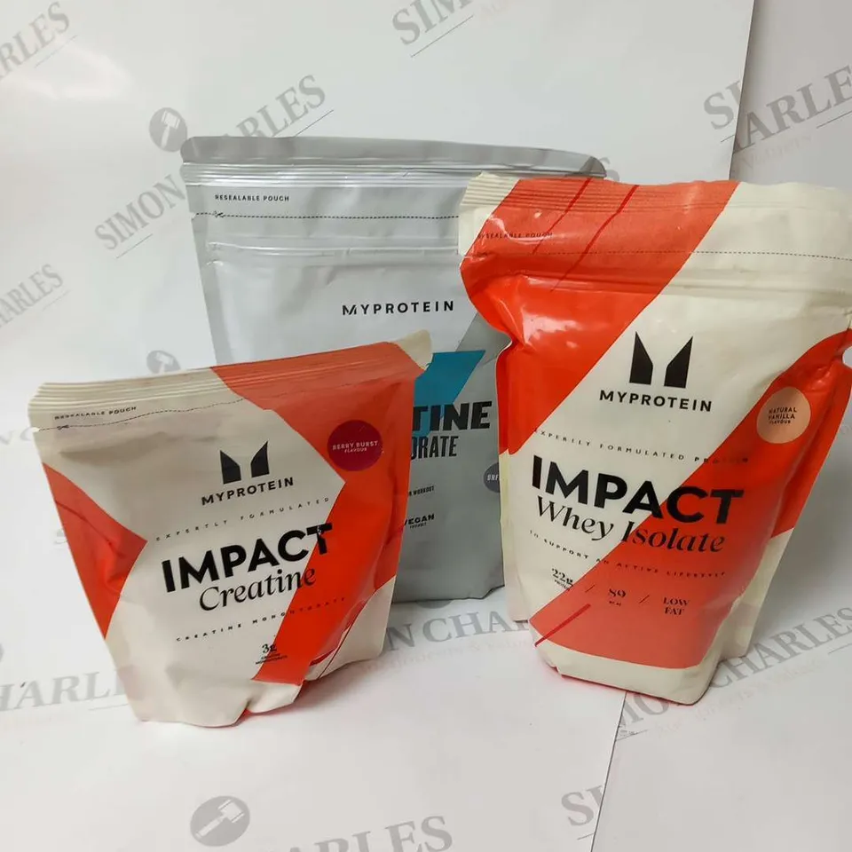 FIVE ASSORTED MYPROTEIN PRODUCTS TO INCLUDE; IMPACT WHEY ISOLATE, CREATIVE MONOHYDRATE AND IMPACT CREATINE