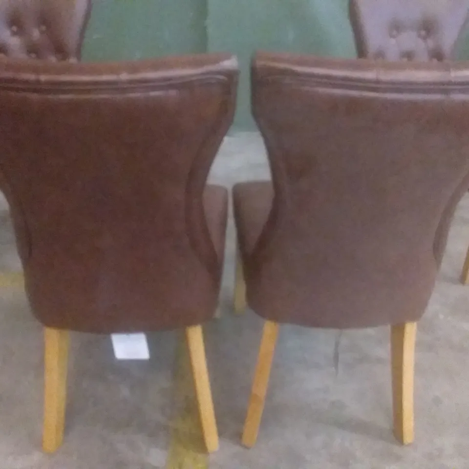 SET OF 4 BEWLEY CLUB BROWN LEATHER BUTTON BACK DINING CHAIRS (OAK LEG)